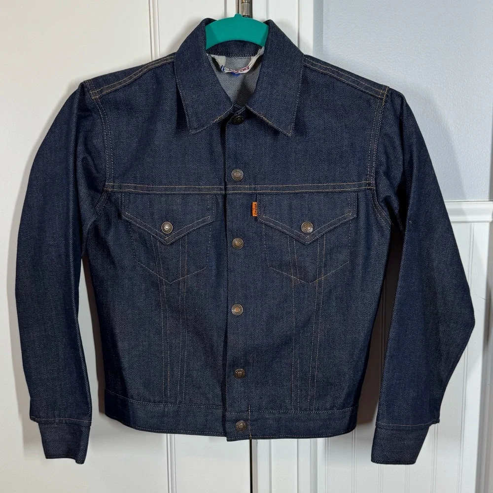 RARE VINTAGE Levis Big‎ E Orange Tab Denim Jean Jacket Dark Indigo Trucker 12 XS